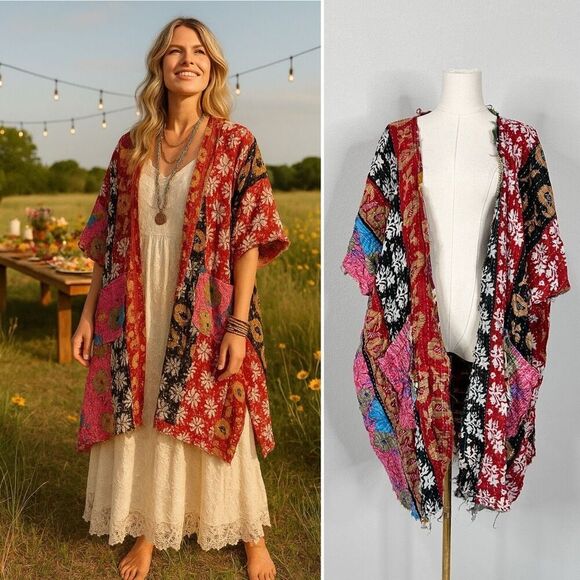 Jaded Gypsy Kantha Kimono OS  Frayed Edges Boho Festival Cottage Artsy Rustic - Picture 1 of 16